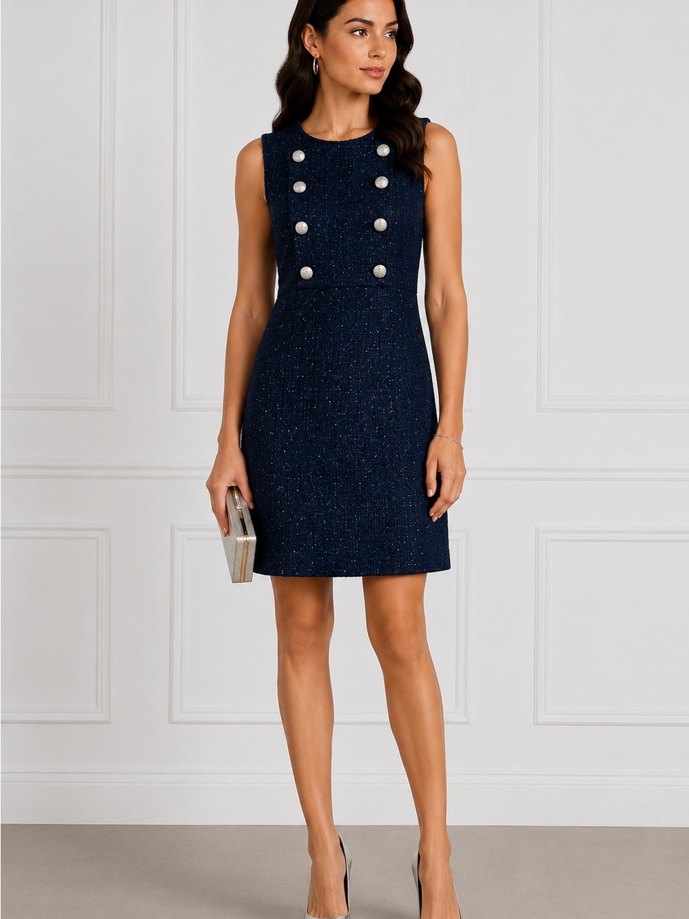 Karl Lagerfeld Navy Tweed Sleeveless Shift Dress with Pearl Buttons